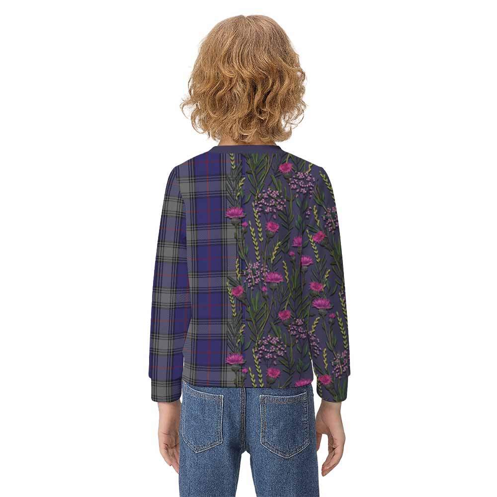 Kinnaird Family Crest Tartan Kid Knitted Sweatshirt Scottish Thistle Flower Pattern Half Style - Tartan Vibes Clothing