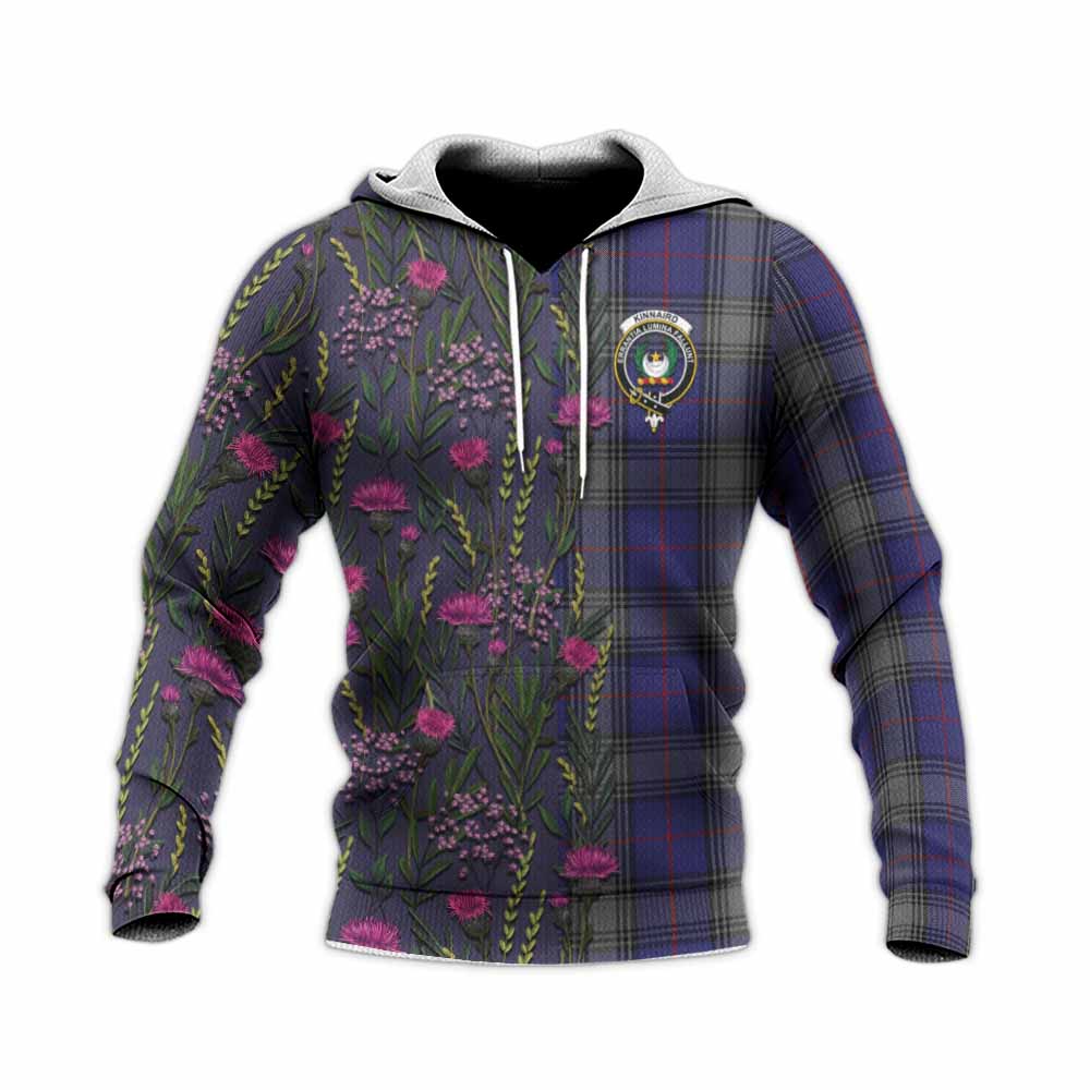 Kinnaird Family Crest Tartan Knitted Hoodie Scottish Thistle Flower Pattern Half Style - Tartan Vibes Clothing