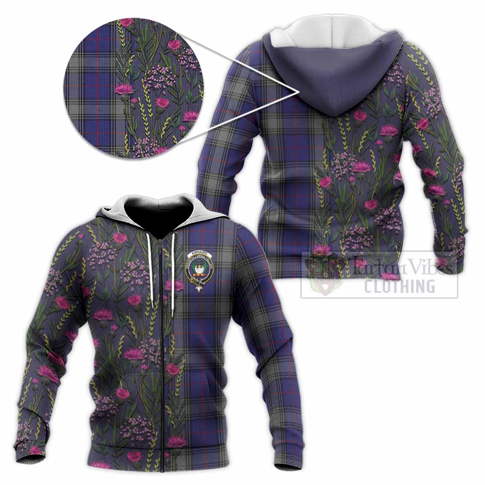 Kinnaird Family Crest Tartan Knitted Hoodie Scottish Thistle Flower Pattern Half Style - Tartan Vibes Clothing