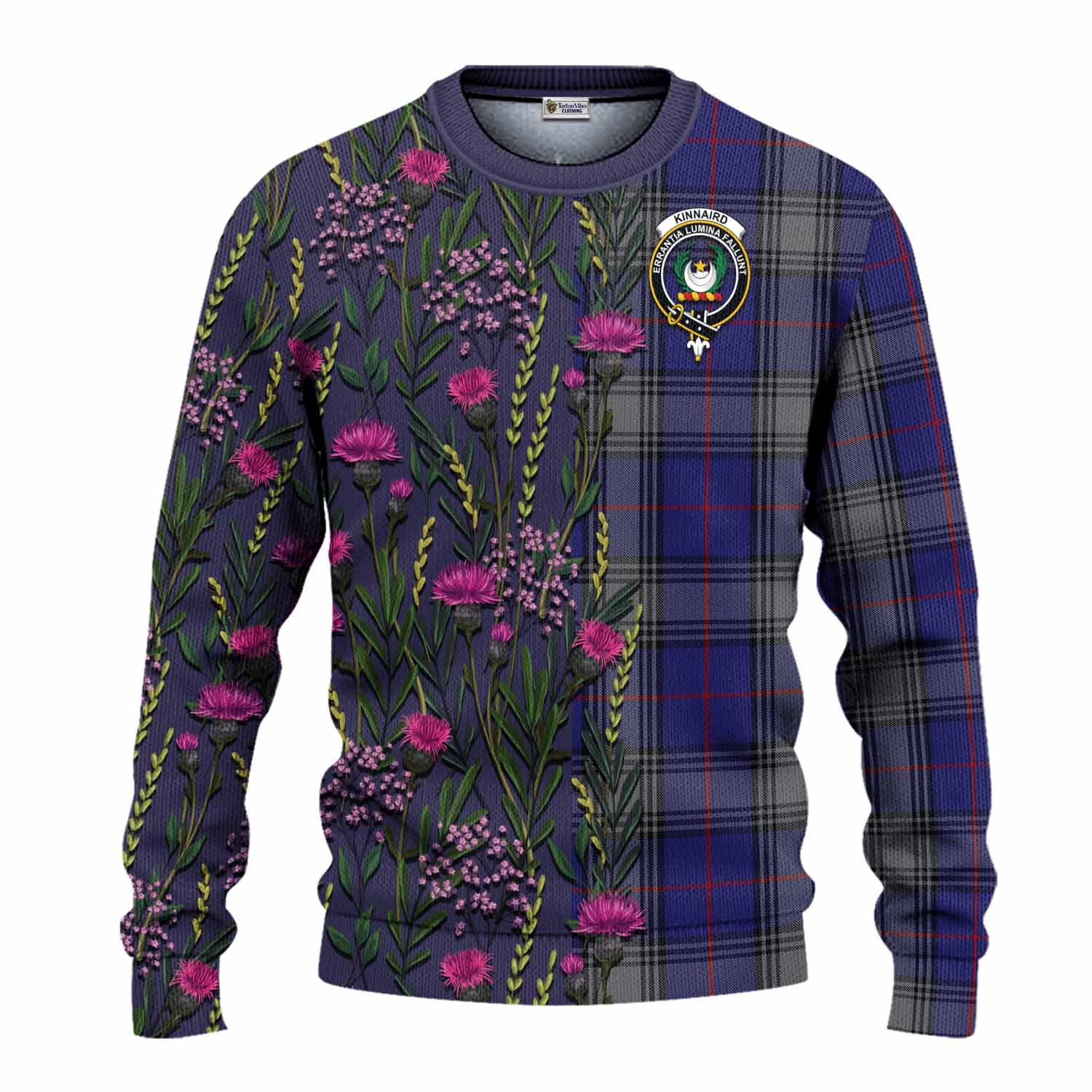 Kinnaird Family Crest Tartan Knitted Sweater Scottish Thistle Flower Pattern Half Style - Tartan Vibes Clothing