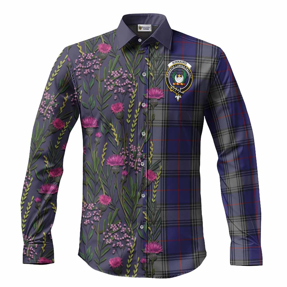 Kinnaird Family Crest Tartan Long Sleeve Button Shirts Scottish Thistle Flower Pattern Half Style - Tartan Vibes Clothing