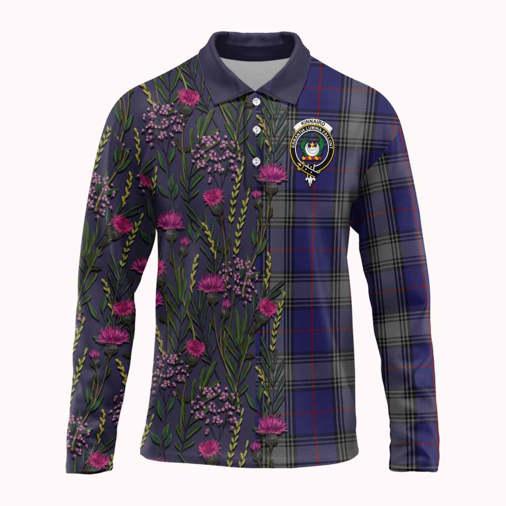 Kinnaird Family Crest Tartan Long Sleeve Polo Shirt Scottish Thistle Flower Pattern Half Style - Tartan Vibes Clothing