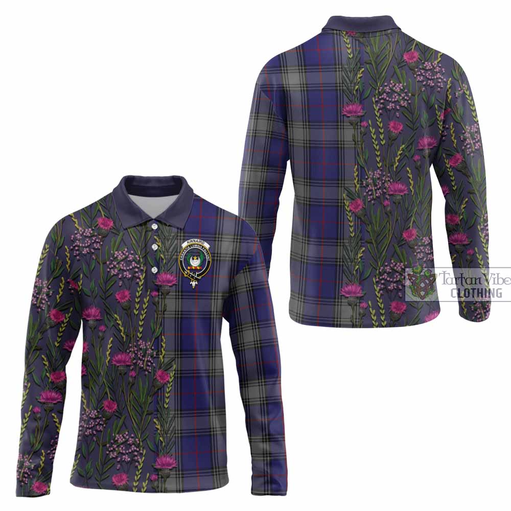 Kinnaird Family Crest Tartan Long Sleeve Polo Shirt Scottish Thistle Flower Pattern Half Style - Tartan Vibes Clothing