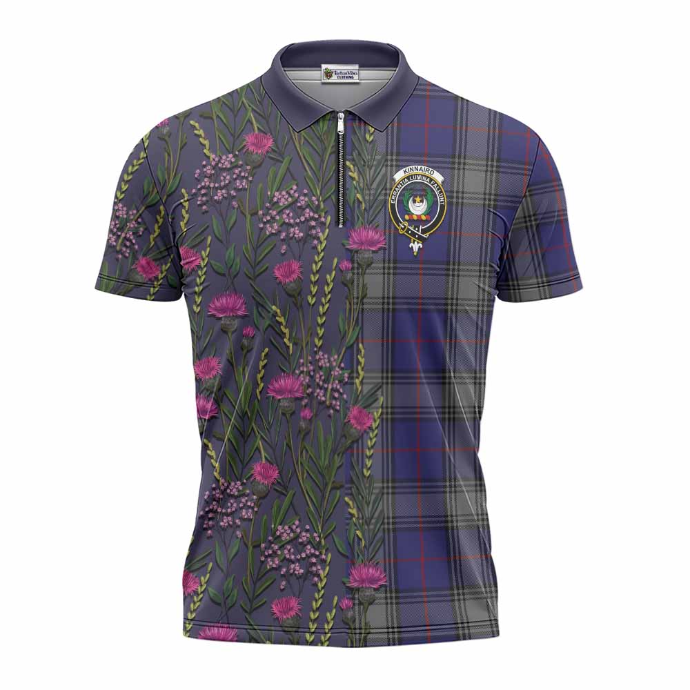 Kinnaird Family Crest Tartan Zipper Polo Shirt Scottish Thistle Flower Pattern Half Style - Tartan Vibes Clothing