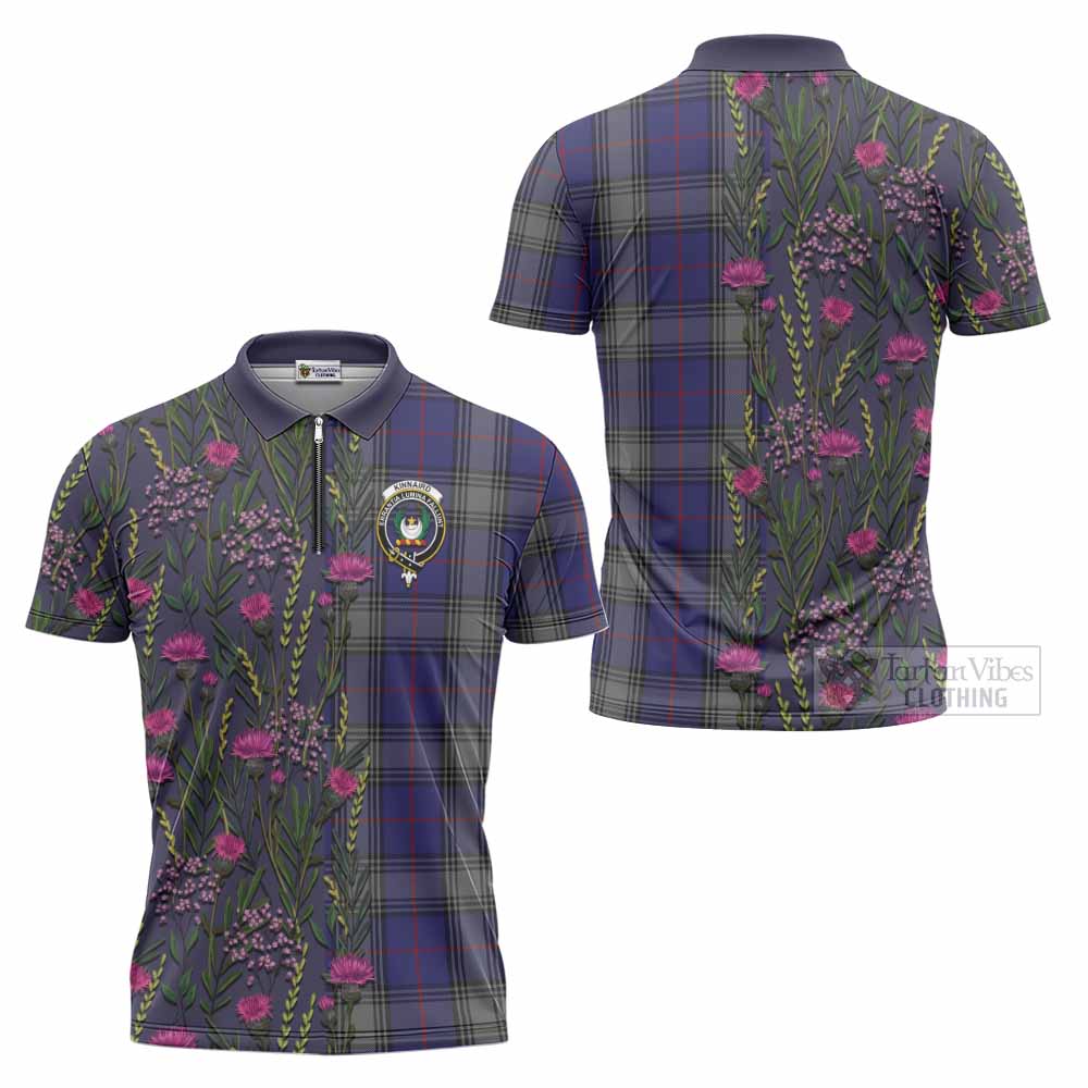 Kinnaird Family Crest Tartan Zipper Polo Shirt Scottish Thistle Flower Pattern Half Style - Tartan Vibes Clothing