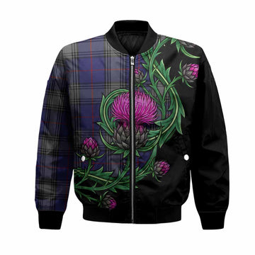 Kinnaird Tartan Bomber Jacket Resilient Scottish Thistle Unisex Black - Tartan Vibes Clothing