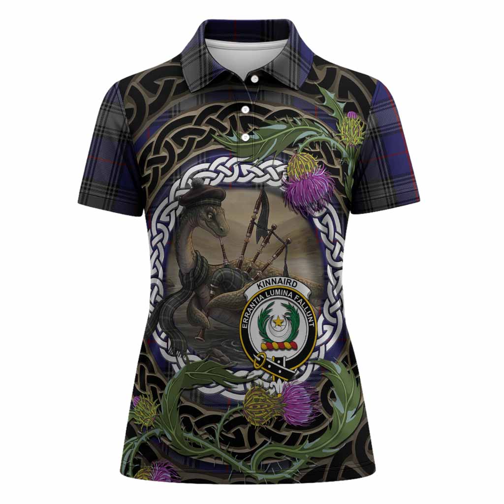 Kinnaird Tartan Crest Bagpipe Nessie Women Polo Shirt Scottish Loch Ness Monster Celtic Thistle