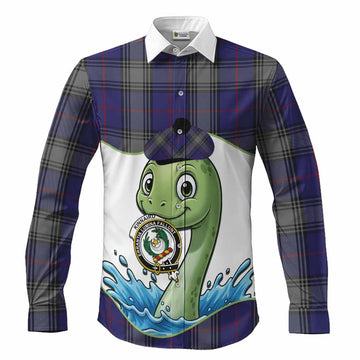 Kinnaird Tartan Crest Cute Nessie Long Sleeve Button Shirts Scottish Loch Ness Monster