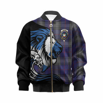 Kinnaird Tartan Crest Kid Bomber Jacket Scottish Golden Lions Wave Flow