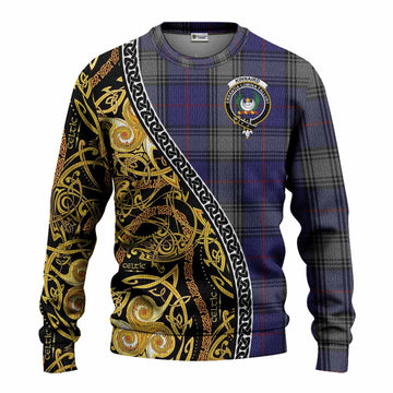 Kinnaird Tartan Crest Knitted Sweater Celtic Knot and Triple Trickle Spiral Symbols