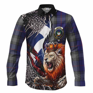 Kinnaird Tartan Crest Long Sleeve Button Shirts Heritage Flag Grunge Celtic Knot and Lion Rampant