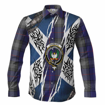 Kinnaird Tartan Crest Long Sleeve Button Shirts Scotland Flag Ripped Tribal Design