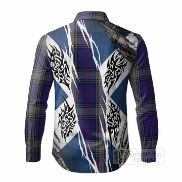 Kinnaird Tartan Crest Long Sleeve Button Shirts Scotland Flag Ripped Tribal Design