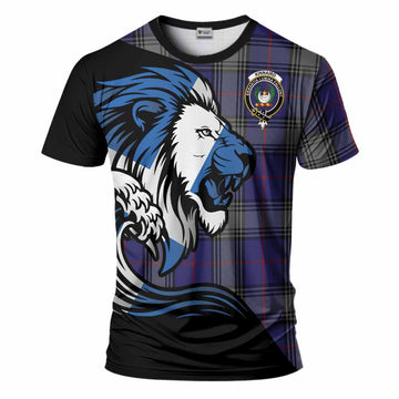 Kinnaird Tartan Crest T-Shirt Scottish Golden Lions Wave Flow