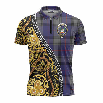 Kinnaird Tartan Crest Zipper Polo Shirt Celtic Knot and Triple Trickle Spiral Symbols