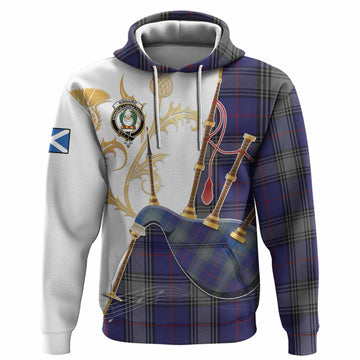 Kinnaird Tartan Family Crest Hoodie Bagpipes with Scottish Thistle