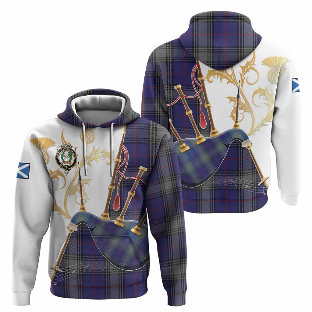 Kinnaird Tartan Family Crest Hoodie Bagpipes with Scottish Thistle