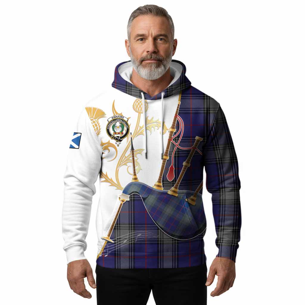 Kinnaird Tartan Family Crest Hoodie Bagpipes with Scottish Thistle
