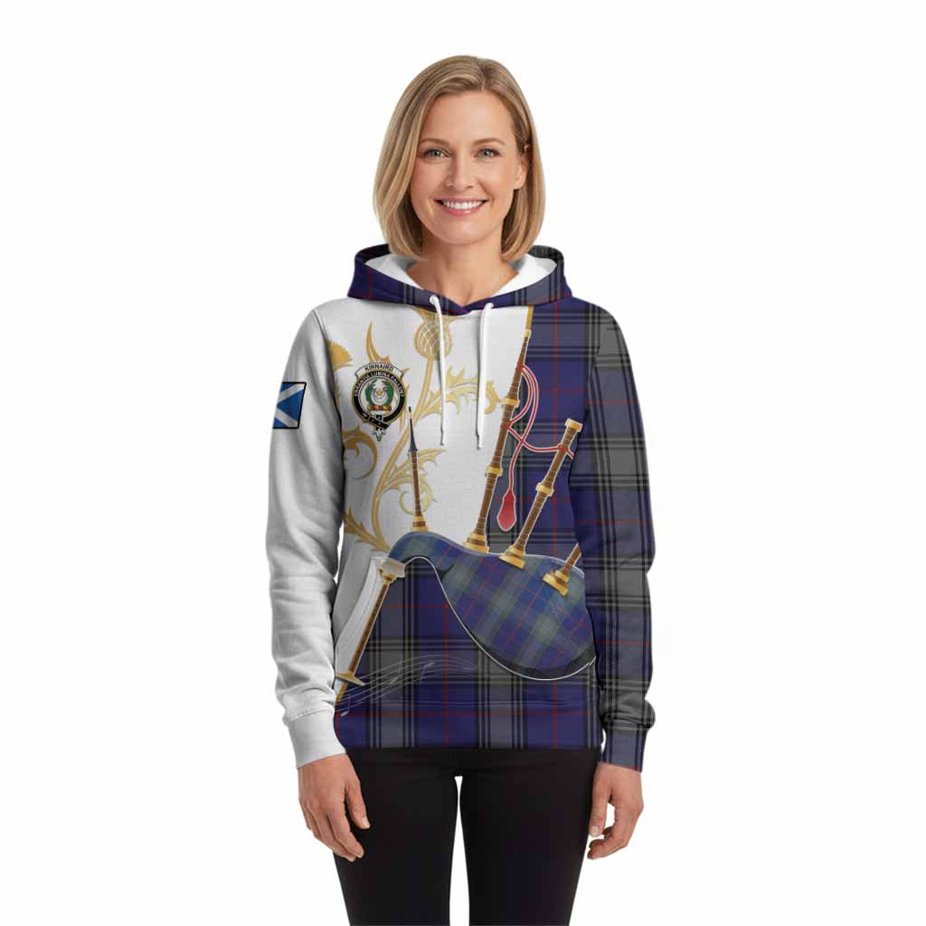 Kinnaird Tartan Family Crest Hoodie Bagpipes with Scottish Thistle