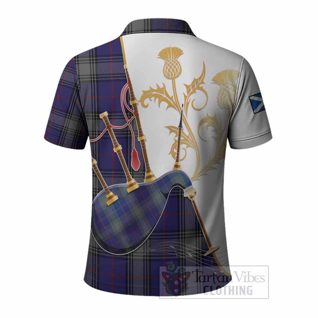 Kinnaird Tartan Family Crest Polo Shirt Bagpipes with Scottish Thistle