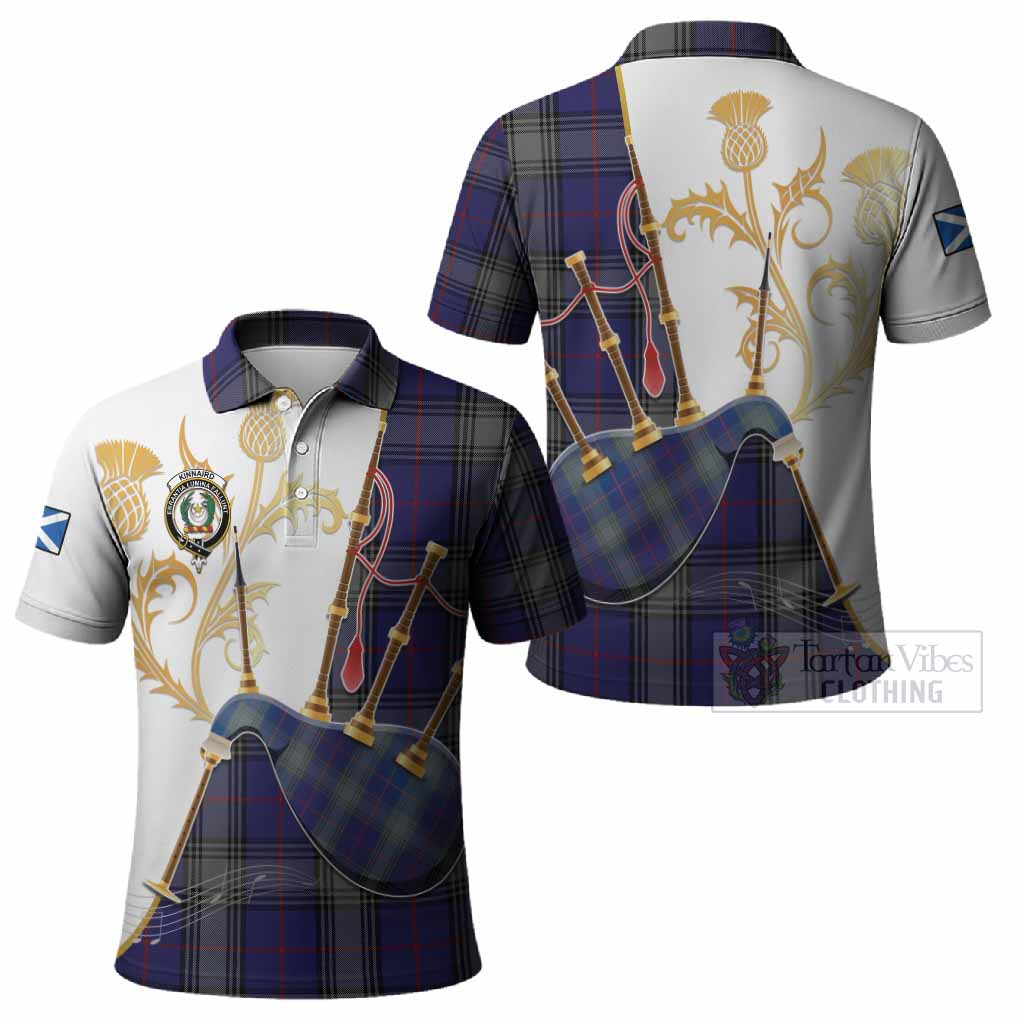 Kinnaird Tartan Family Crest Polo Shirt Bagpipes with Scottish Thistle