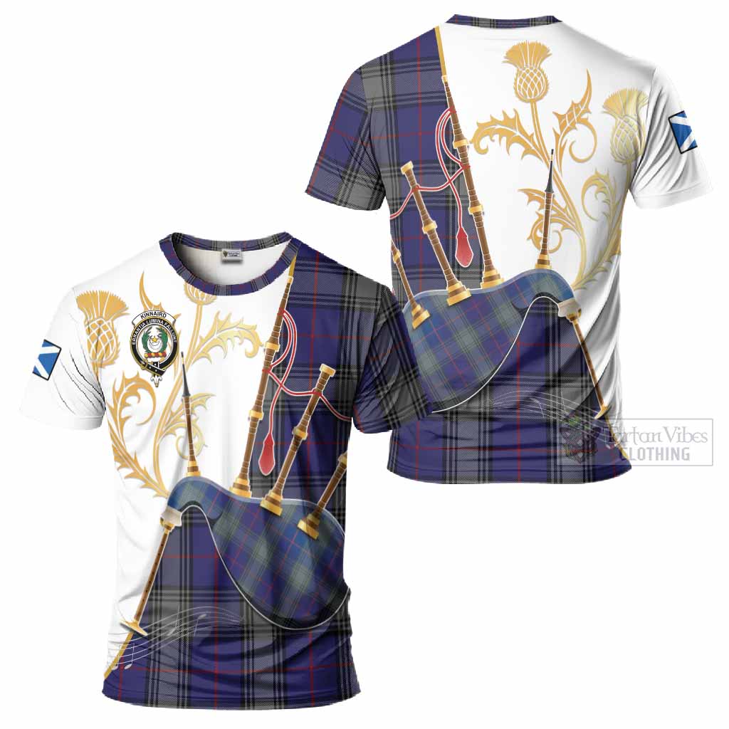 Kinnaird Tartan Family Crest T-Shirt Bagpipes with Scottish Thistle