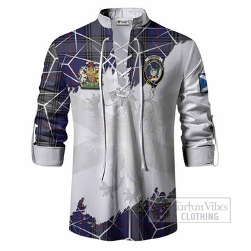 Kinnaird Tartan Ghillie Shirt with Family Crest and Lion Rampant Grunge Style