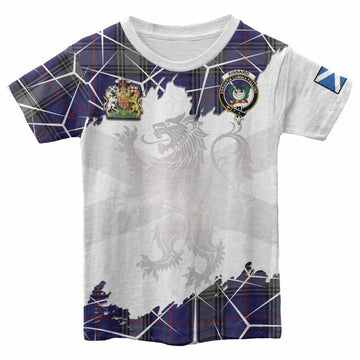 Kinnaird Tartan Kid T-shirt with Family Crest and Lion Rampant Grunge Style