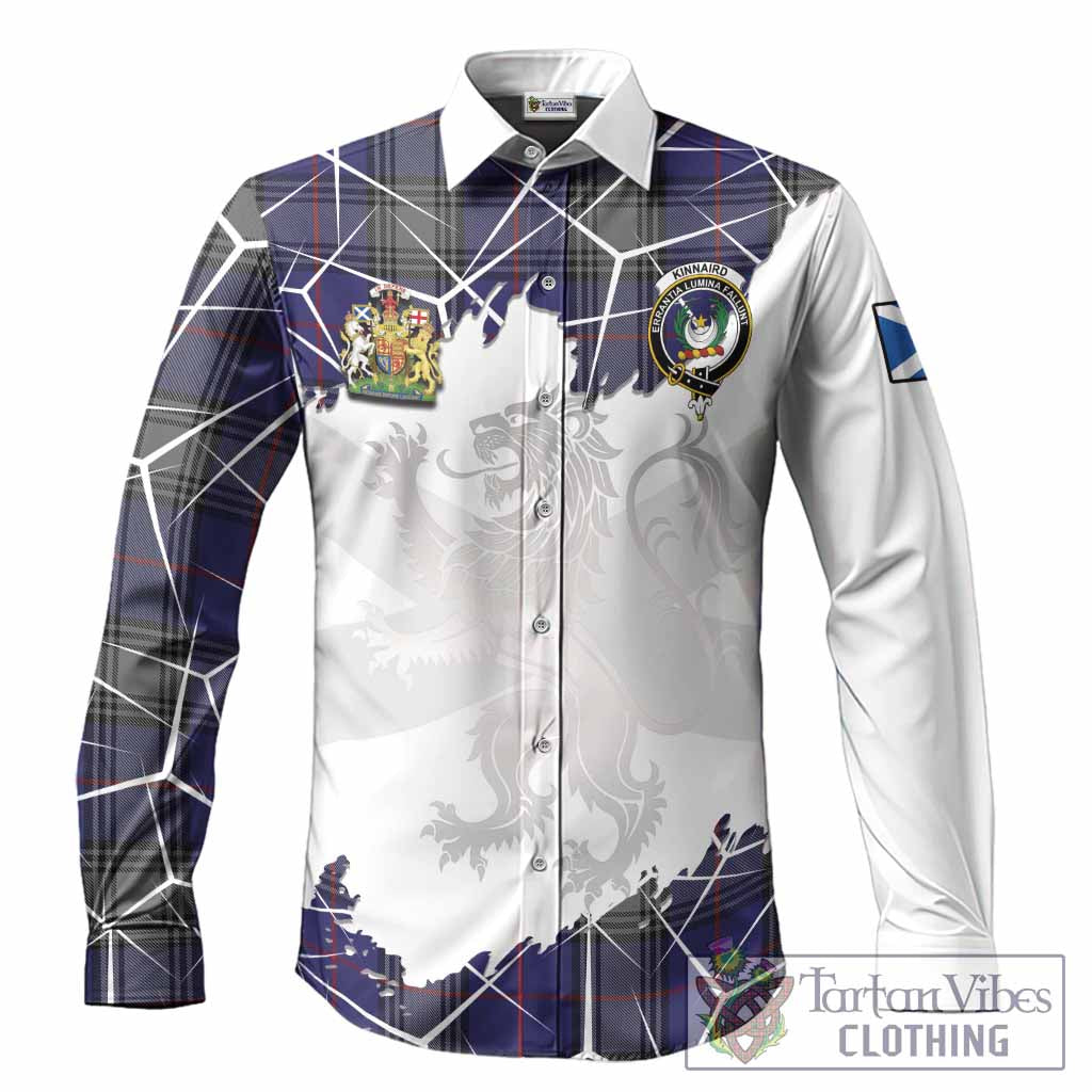 Kinnaird Tartan Long Sleeve Button Shirts with Family Crest and Lion Rampant Grunge Style