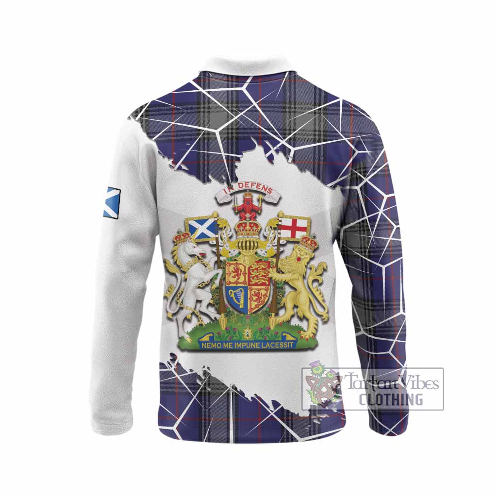 Kinnaird Tartan Long Sleeve Polo Shirt with Family Crest and Lion Rampant Grunge Style
