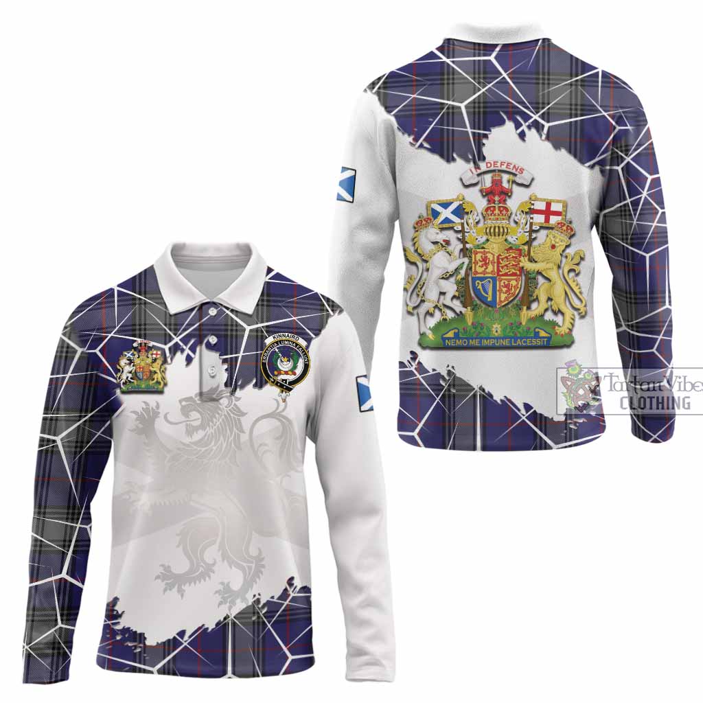 Kinnaird Tartan Long Sleeve Polo Shirt with Family Crest and Lion Rampant Grunge Style
