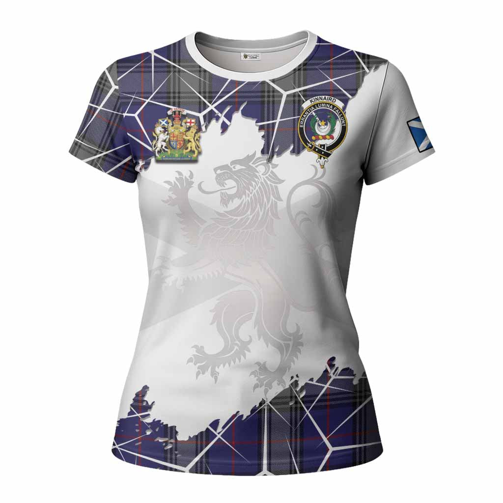 Kinnaird Tartan Women T shirt with Family Crest and Lion Rampant Grunge Style