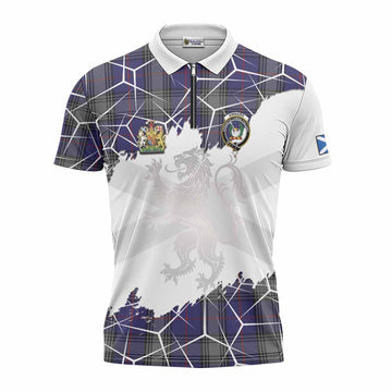 Kinnaird Tartan Zipper Polo Shirt with Family Crest and Lion Rampant Grunge Style