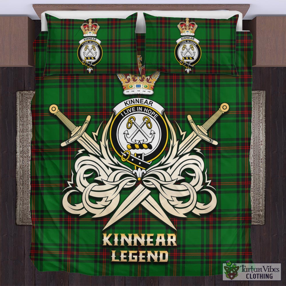 Tartan Vibes Clothing Kinnear Tartan Bedding Set with Clan Crest and the Golden Sword of Courageous Legacy
