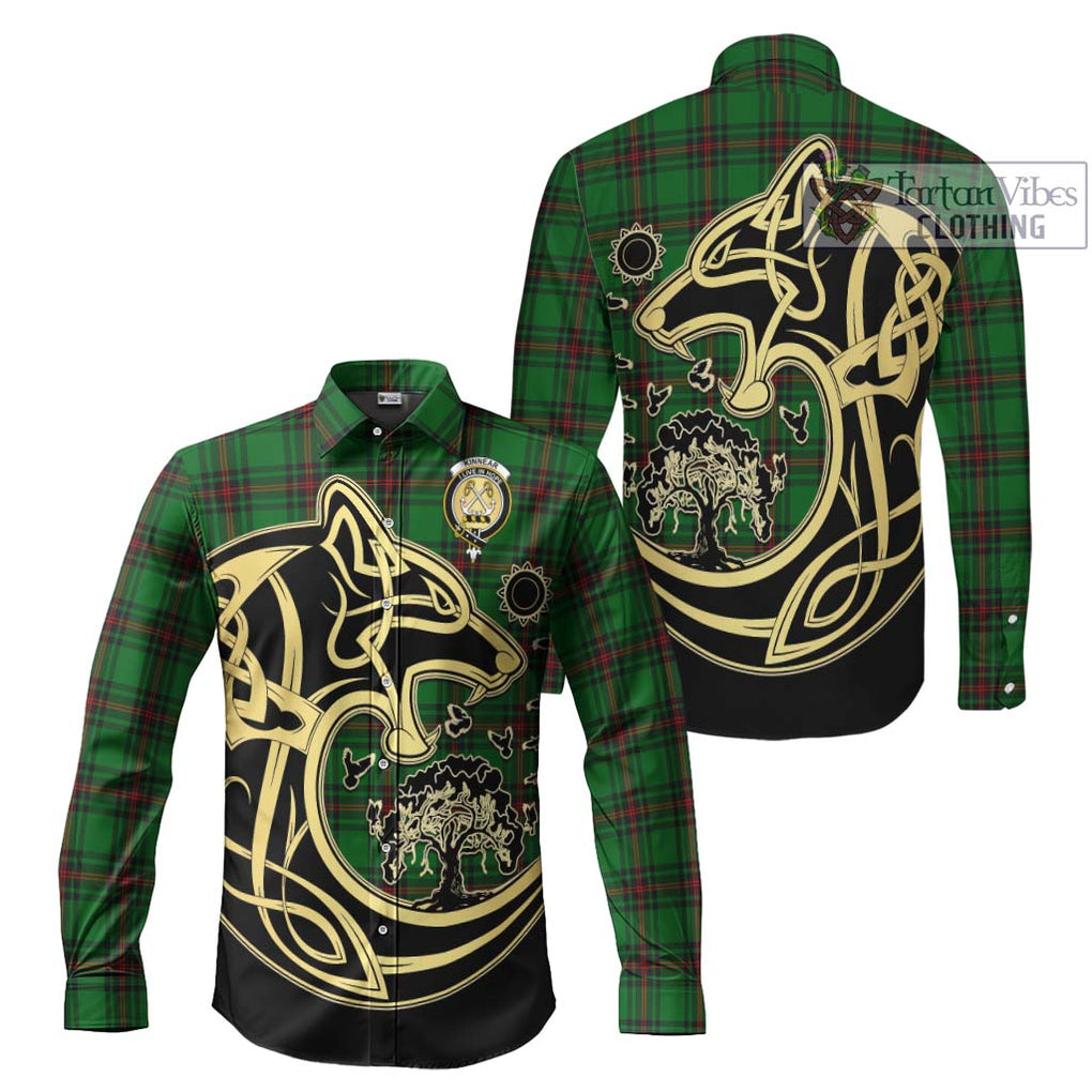 Kinnear Tartan Long Sleeve Button Shirt with Family Crest Celtic Wolf Style Men's Shirt S - Tartan Vibes Clothing