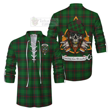 Tartan Vibes Clothing Kinnear Tartan Ghillie Kilt Shirt with Family Crest and Bearded Skull Holding Bottles of Whiskey