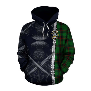 Kinnear Tartan Cotton Hoodie with Family Crest Cross Sword Thistle Celtic Vibes