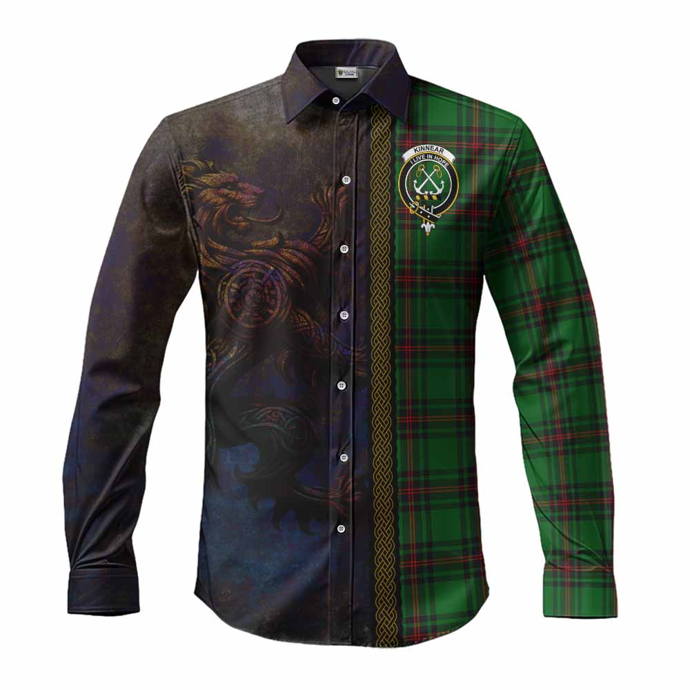 Tartan Vibes Clothing Kinnear Tartan Family Crest Long Sleeve Button Shirt Alba Gu Brath Be Brave Lion Ancient Style