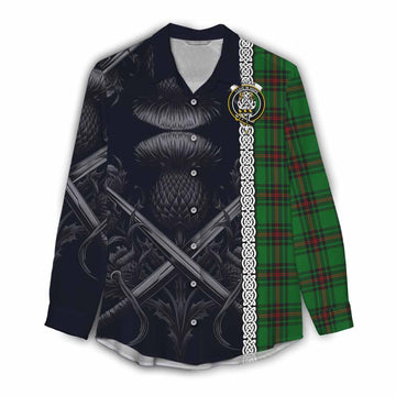 Kinnear Tartan Women's Casual Shirt with Family Crest Cross Sword Thistle Celtic Vibes