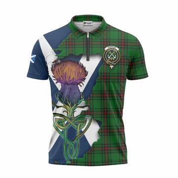 Kinnear Tartan Family Crest Zipper Polo Shirt Scottish Thistle Celtic Inspired