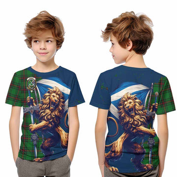 Kinnear Tartan Family Crest Kid T-Shirt with Scottish Majestic Lion