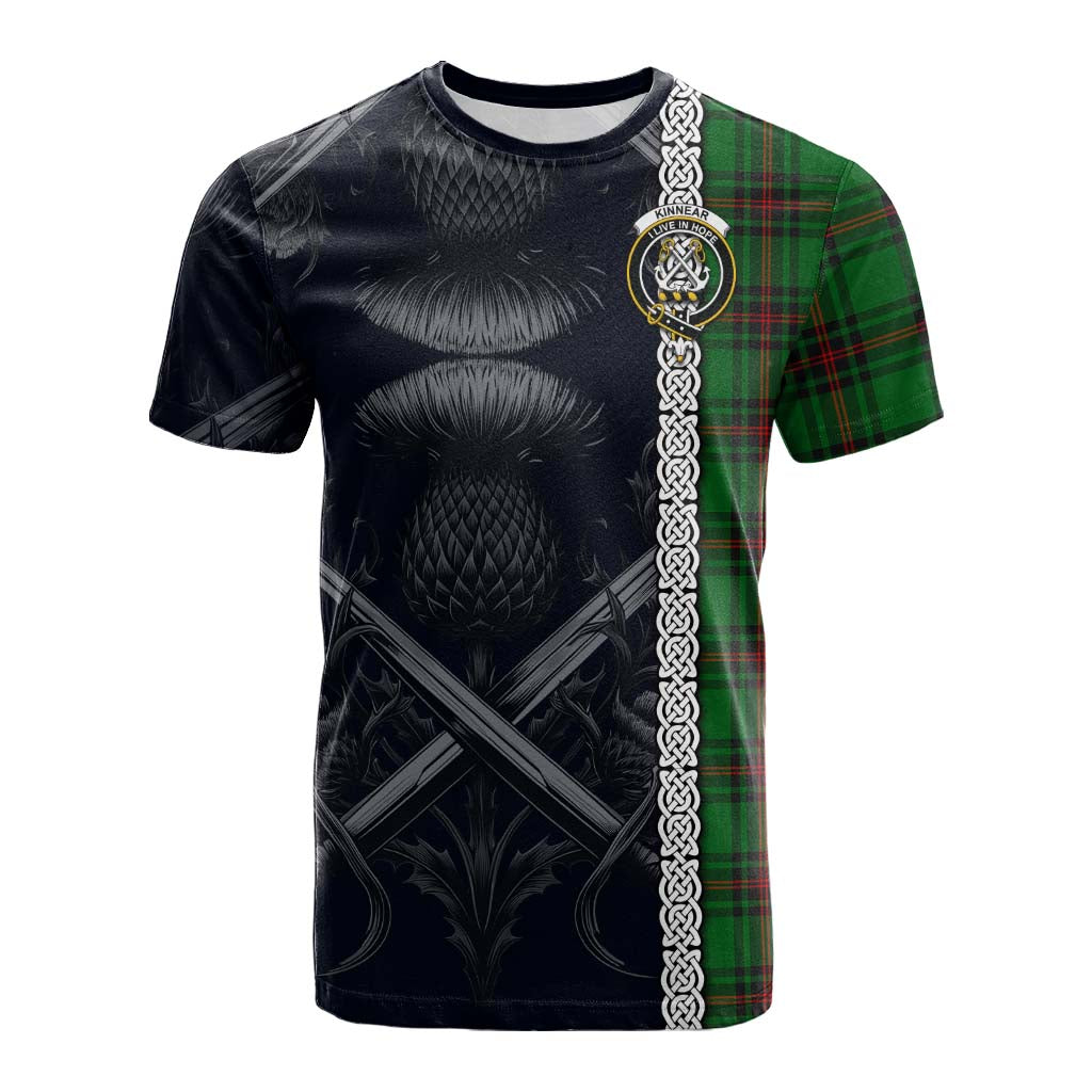 Tartan Vibes Clothing Kinnear Tartan Cotton T-shirt with Family Crest Cross Sword Thistle Celtic Vibes