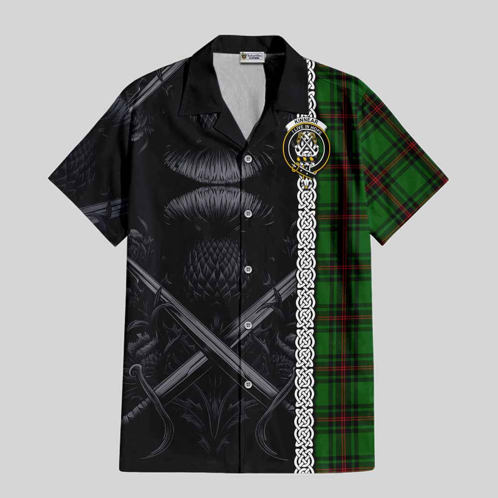 Tartan Vibes Clothing Kinnear Tartan Short Sleeve Button Shirt with Family Crest Cross Sword Thistle Celtic Vibes