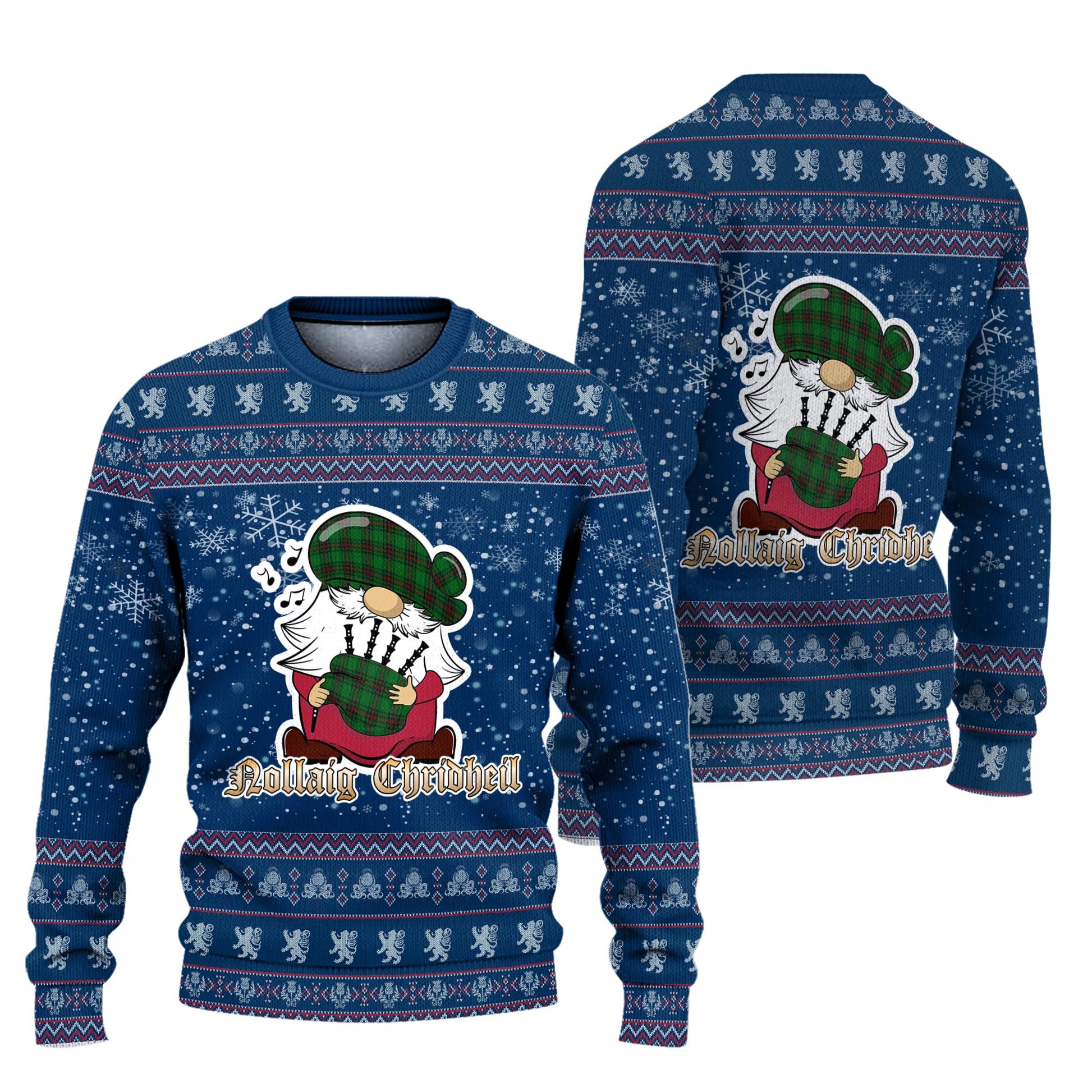 Kinnear Clan Christmas Family Knitted Sweater with Funny Gnome Playing Bagpipes Unisex Blue - Tartanvibesclothing