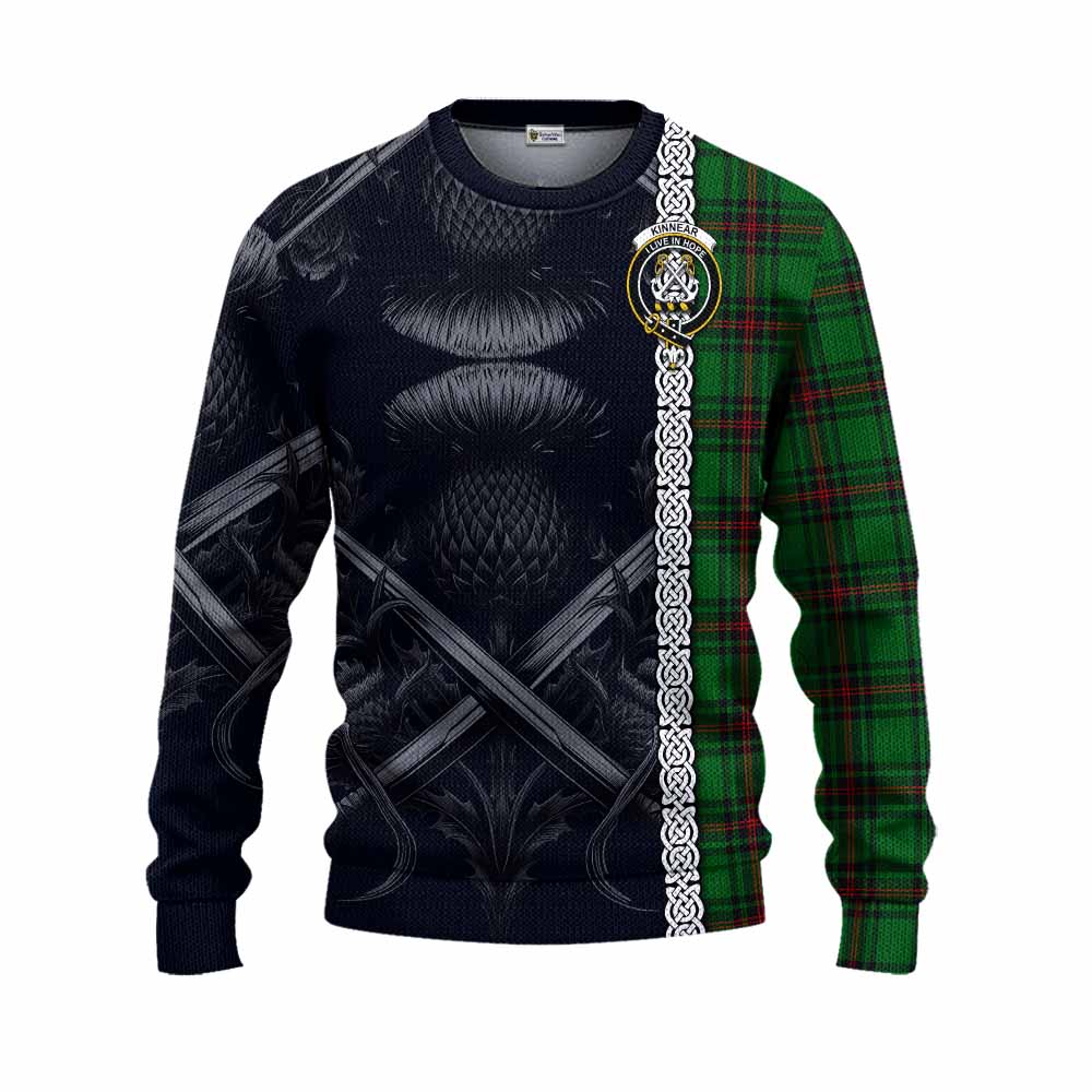 Tartan Vibes Clothing Kinnear Tartan Knitted Sweater with Family Crest Cross Sword Thistle Celtic Vibes