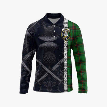 Tartan Vibes Clothing Kinnear Tartan Long Sleeve Polo Shirt with Family Crest Cross Sword Thistle Celtic Vibes