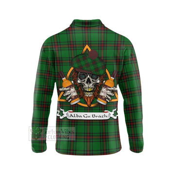 Tartan Vibes Clothing Kinnear Tartan Long Sleeve Polo Shirt with Family Crest and Bearded Skull Holding Bottles of Whiskey