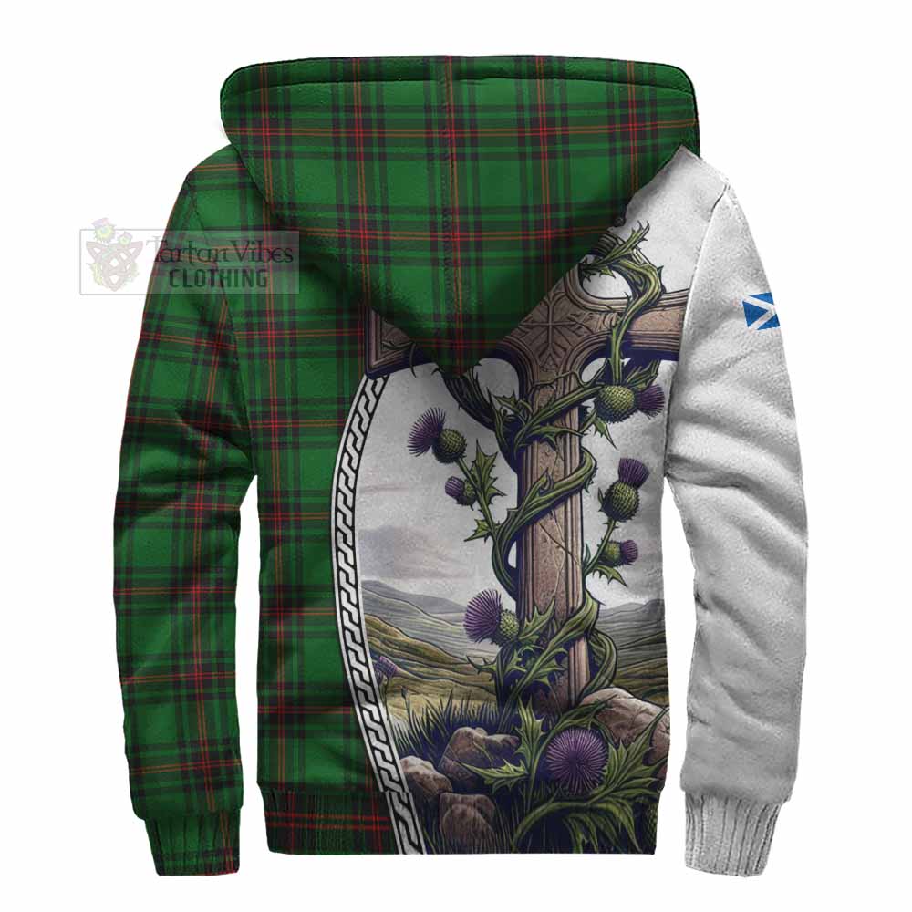 Tartan Vibes Clothing Kinnear Tartan Sherpa Hoodie with Family Crest and St. Andrew's Cross Accented by Thistle Vines