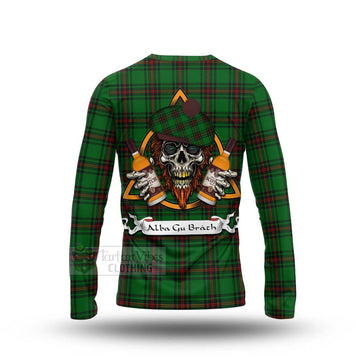 Tartan Vibes Clothing Kinnear Tartan Long Sleeve T-Shirt with Family Crest and Bearded Skull Holding Bottles of Whiskey