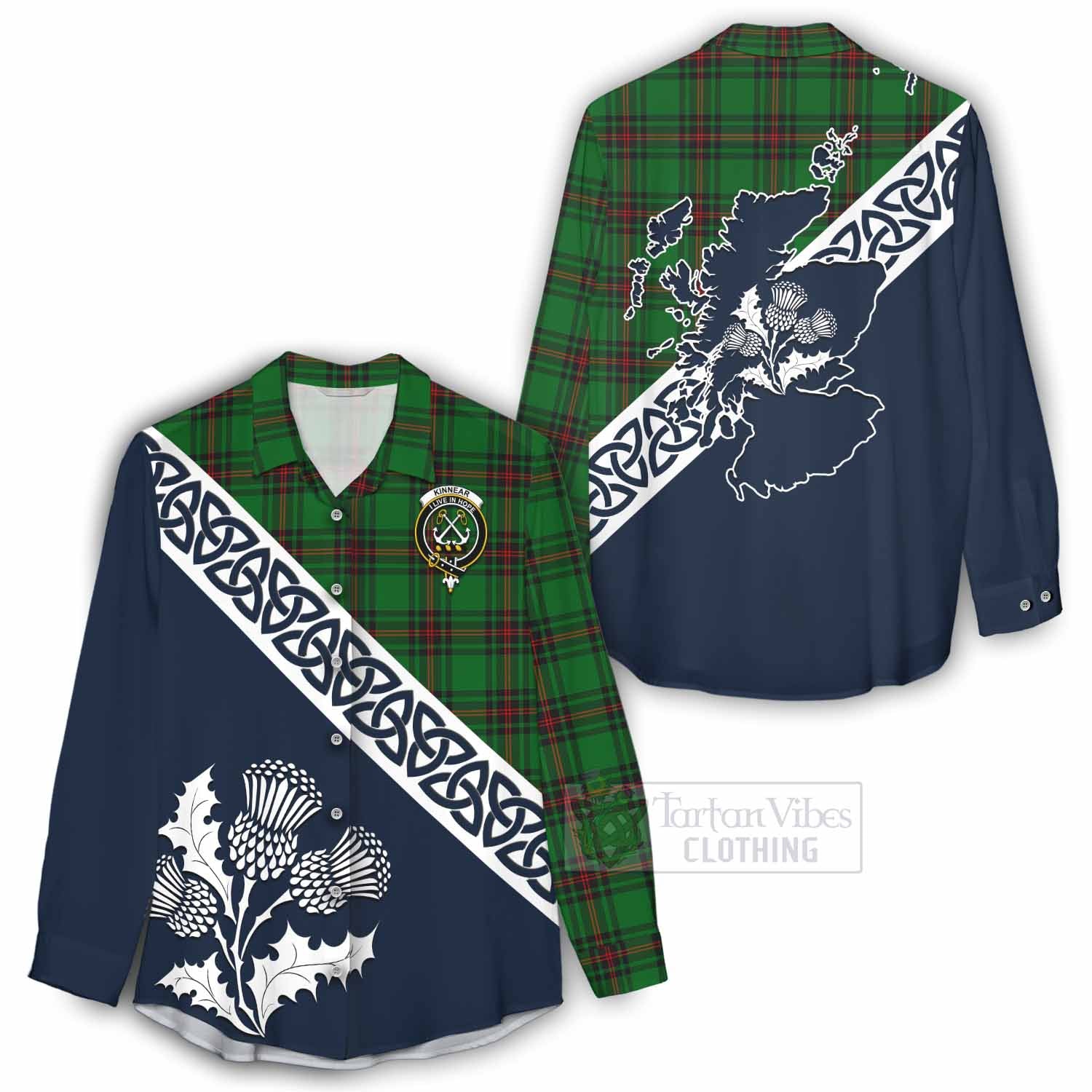 Tartan Vibes Clothing Kinnear Tartan Women's Casual Shirt Featuring Thistle and Scotland Map
